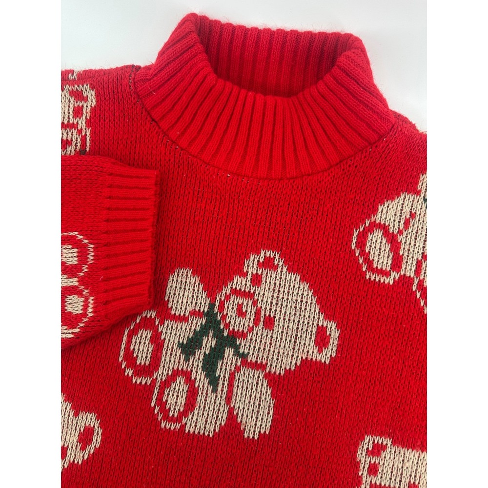 Vintage Adele Knitwear Red Teddy Bear Mock Neck Sweater Womens Large Made In USA